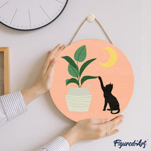 Cargar imagen en el visor de la galería, Pintar por Números en Disco de Madera - Gatito y planta con luna