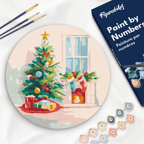 Pintar por Números en Disco de Madera - Árbol de Navidad y chimenea