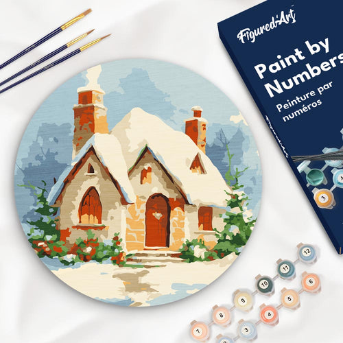 Pintar por Números en Disco de Madera - Casa de ladrillo en invierno