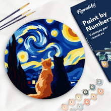 Cargar imagen en el visor de la galería, Pintar por numeros Figured'Art - Pintar por Números en Disco de Madera - Compañeros de noche estrellada