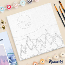 Cargar imagen en el visor de la galería, Mini Pintura por Números 20x20cm con bastidor Bosque de abetos