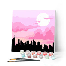 Cargar imagen en el visor de la galería, Mini Pintar por Números 20x20cm con bastidor Nueva York bajo un cielo rosa