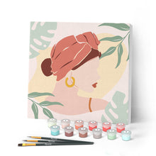 Cargar imagen en el visor de la galería, Mini Pintar por Números 20x20cm con bastidor Mujer con un turbante de perfil