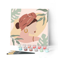 Cargar imagen en el visor de la galería, Mini Pintar por Números 20x20cm con bastidor Mujer con un turbante de perfil