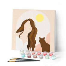 Cargar imagen en el visor de la galería, Mini Pintar por Números 20x20cm con bastidor Mujer y su gato