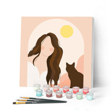 Cargar imagen en el visor de la galería, Mini Pintar por Números 20x20cm con bastidor Mujer y su gato