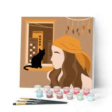 Cargar imagen en el visor de la galería, Mini Pintar por Números 20x20cm con bastidor Mujer y su gato en la ventana