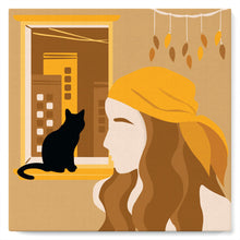 Cargar imagen en el visor de la galería, Mini Pintura por Números 20x20cm con bastidor Mujer y su gato en la ventana