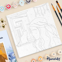Cargar imagen en el visor de la galería, Mini Pintura por Números 20x20cm con bastidor Mujer y su gato en la ventana