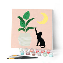 Cargar imagen en el visor de la galería, Mini Pintar por Números 20x20cm con bastidor Gatito y planta con luna