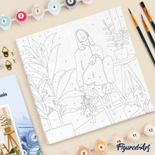 Cargar imagen en el visor de la galería, Mini Pintura por Números 20x20cm con bastidor Mujer y ramo de flores