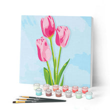 Cargar imagen en el visor de la galería, Mini Pintar por Números 20x20cm con bastidor Tulipanes y cielo azul