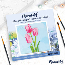 Cargar imagen en el visor de la galería, Mini Pintura por Números 20x20cm con bastidor Tulipanes y cielo azul