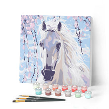 Cargar imagen en el visor de la galería, Mini Pintar por Números 20x20cm con bastidor Caballo y flores blancas