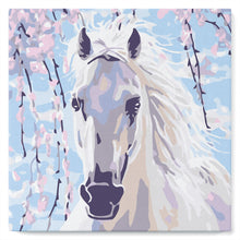 Cargar imagen en el visor de la galería, Mini Pintura por Números 20x20cm con bastidor Caballo y flores blancas