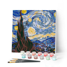 Cargar imagen en el visor de la galería, Mini Pintar por Números 20x20cm con bastidor Noche estrellada de Van Gogh
