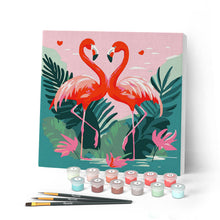 Cargar imagen en el visor de la galería, Mini Pintar por Números 20x20cm con bastidor Flamencos Tropicales