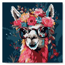Cargar imagen en el visor de la galería, Mini Pintura por Números 20x20cm con bastidor Llama Fantasía con Flores