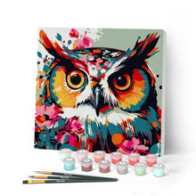 Cargar imagen en el visor de la galería, Mini Pintar por Números 20x20cm con bastidor Búho Fantasía con Flores