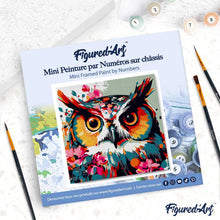 Cargar imagen en el visor de la galería, Mini Pintura por Números 20x20cm con bastidor Búho Fantasía con Flores