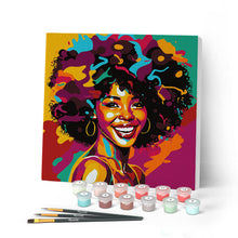 Cargar imagen en el visor de la galería, Mini Pintar por Números 20x20cm con bastidor Chica Afroamericana Pop Art