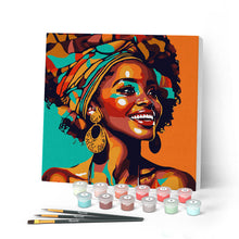 Cargar imagen en el visor de la galería, Mini Pintar por Números 20x20cm con bastidor Reina Africana Pop Art