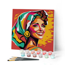 Cargar imagen en el visor de la galería, Mini Pintar por Números 20x20cm con bastidor Mujer Exótica Pop Art