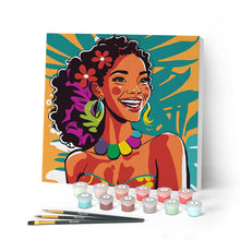 Cargar imagen en el visor de la galería, Mini Pintar por Números 20x20cm con bastidor Mujer Isleña Pop Art