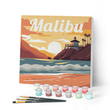 Cargar imagen en el visor de la galería, Mini Pintar por Números 20x20cm con bastidor Póster de Viaje Malibú