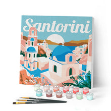 Cargar imagen en el visor de la galería, Mini Pintar por Números 20x20cm con bastidor Póster de Viaje Amanecer en Santorini