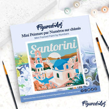 Cargar imagen en el visor de la galería, Mini Pintura por Números 20x20cm con bastidor Póster de Viaje Amanecer en Santorini