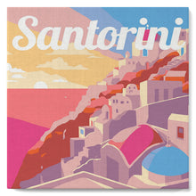 Cargar imagen en el visor de la galería, Mini Pintura por Números 20x20cm con bastidor Póster de Viaje Atardecer en Santorini