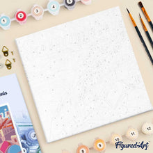 Cargar imagen en el visor de la galería, Mini Pintura por Números 20x20cm con bastidor Póster de Viaje Atardecer en Santorini
