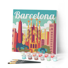 Cargar imagen en el visor de la galería, Mini Pintar por Números 20x20cm con bastidor Póster de Viaje Barcelona