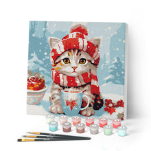 Cargar imagen en el visor de la galería, Mini Pintar por Números 20x20cm con bastidor Gato Lindo con Bufanda Roja