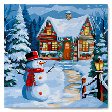 Cargar imagen en el visor de la galería, Mini Pintura por Números 20x20cm con bastidor Muñeco de Nieve y la Cabaña