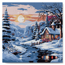 Cargar imagen en el visor de la galería, Mini Pintura por Números 20x20cm con bastidor Encantadora Cabaña Invernal