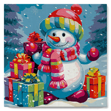 Cargar imagen en el visor de la galería, Mini Pintura por Números 20x20cm con bastidor Muñeco de Nieve y Regalos en la Nieve
