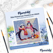 Cargar imagen en el visor de la galería, Mini Pintura por Números 20x20cm con bastidor Familia de Pingüinos en la Nieve
