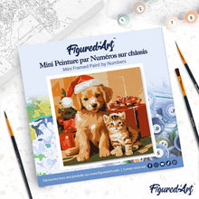 Cargar imagen en el visor de la galería, Mini Pintura por Números 20x20cm con bastidor Gato y Perro de Navidad