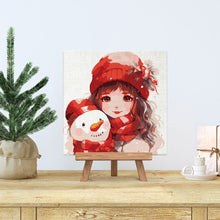 Cargar imagen en el visor de la galería, Mini Pintura por Números 20x20cm con bastidor - Niña bonita y muñeco de nieve