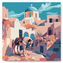 Cargar imagen en el visor de la galería, Mini Pintura por Números 20x20cm con bastidor - Escena de caballo en Santorini