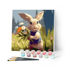 Cargar imagen en el visor de la galería, Mini Pintar por Números 20x20cm con bastidor - Conejo y flores silvestres
