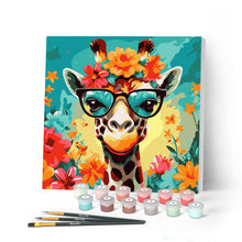 Cargar imagen en el visor de la galería, Mini Pintar por Números 20x20cm con bastidor - Jirafa de fantasía y flores