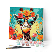 Cargar imagen en el visor de la galería, Mini Pintar por Números 20x20cm con bastidor - Jirafa de fantasía y flores