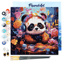 Cargar imagen en el visor de la galería, Mini Pintura por Números 20x20cm con bastidor - Panda de fantasía y flores