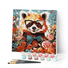 Cargar imagen en el visor de la galería, Mini Pintar por Números 20x20cm con bastidor - Panda rojo de fantasía y flores