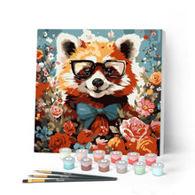 Cargar imagen en el visor de la galería, Mini Pintar por Números 20x20cm con bastidor - Panda rojo de fantasía y flores