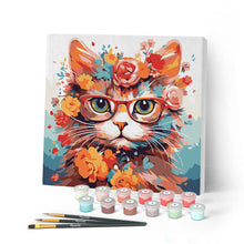 Cargar imagen en el visor de la galería, Mini Pintar por Números 20x20cm con bastidor - Gato de fantasía y flores