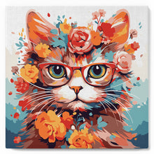 Cargar imagen en el visor de la galería, Mini Pintura por Números 20x20cm con bastidor - Gato de fantasía y flores